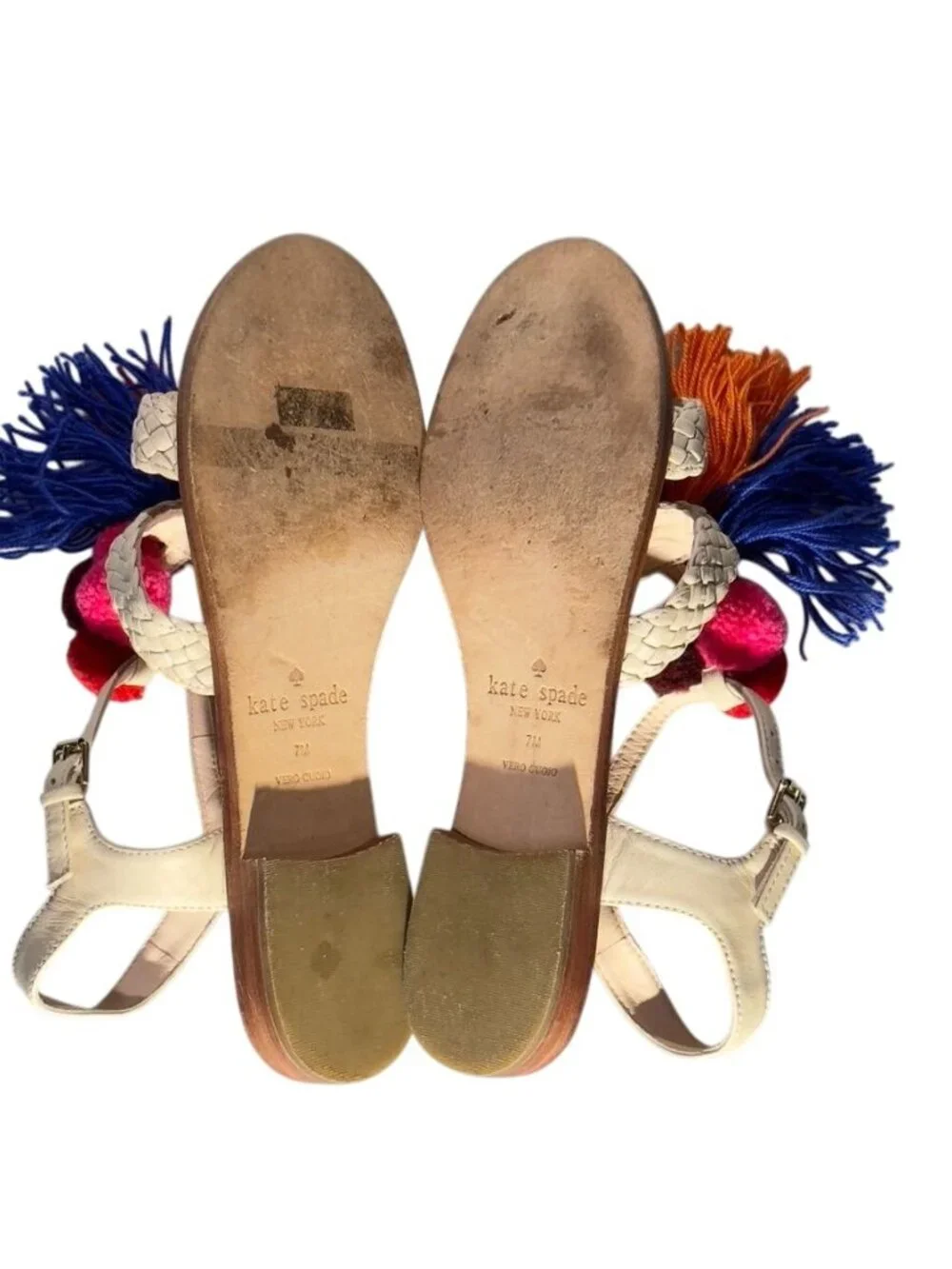KATE SPADE New York Sunset Women's Sandals Beige Leather Woven Tassel Size 7M